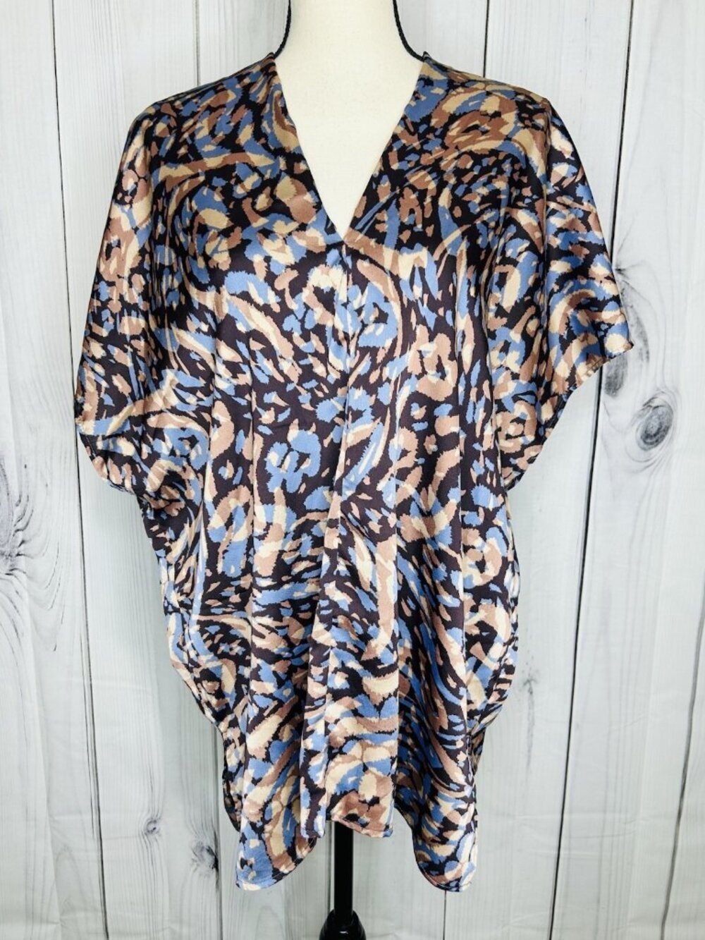 Adrienne V-Neck Blouse Sz M Oversized Kimono Short Sleeve Blues Browns Tan Satin
